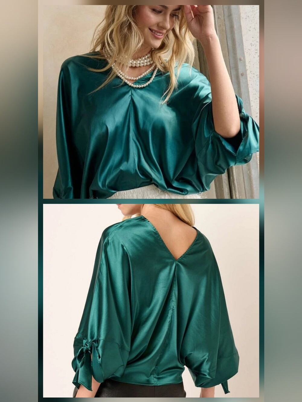 Mittoshop Green Satin Dolman Tie Sleeve Top Size Small